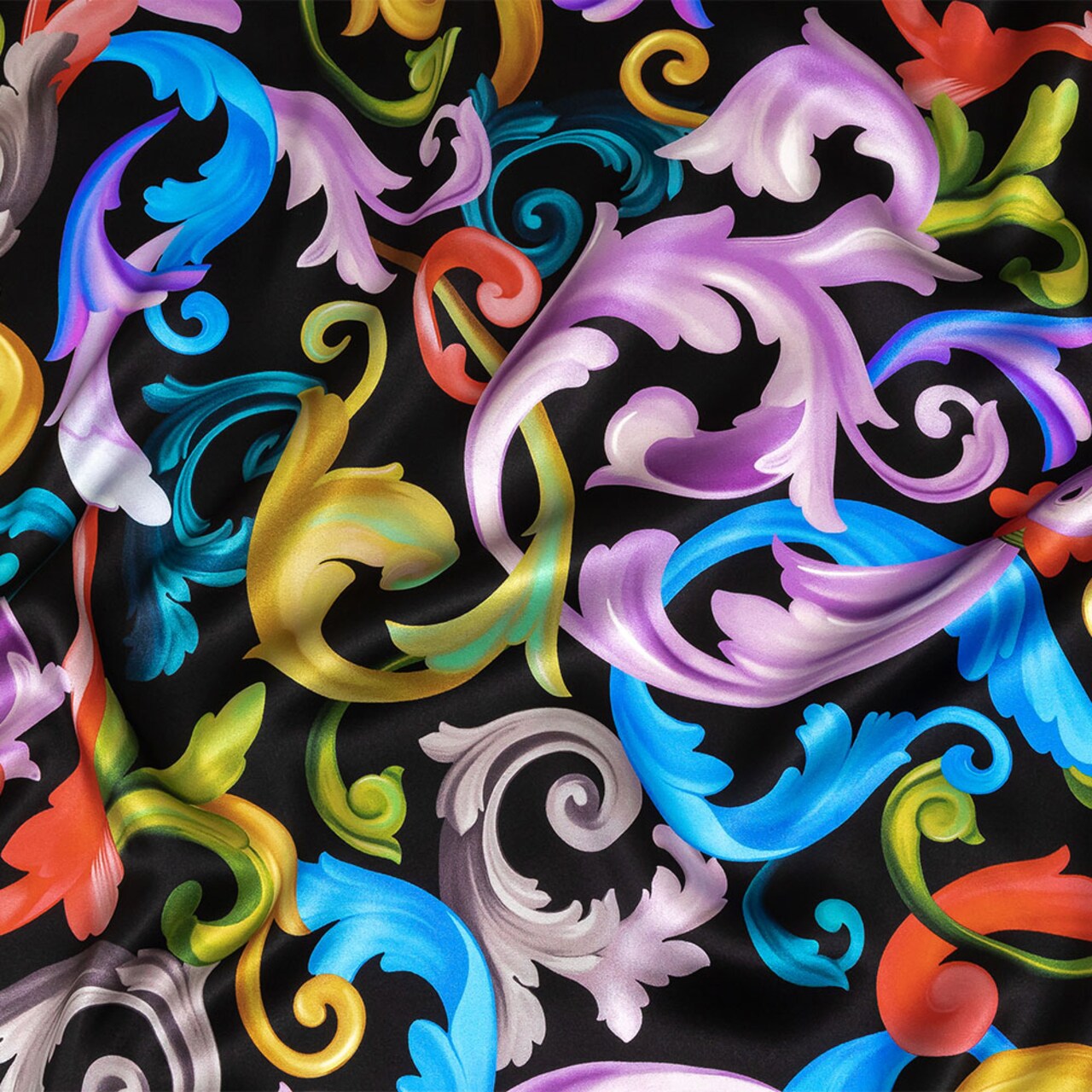1 Yard Silk Charmeuse Rainbow Swirl Print Made Black Multicolor Ornate 53 Inches Wide